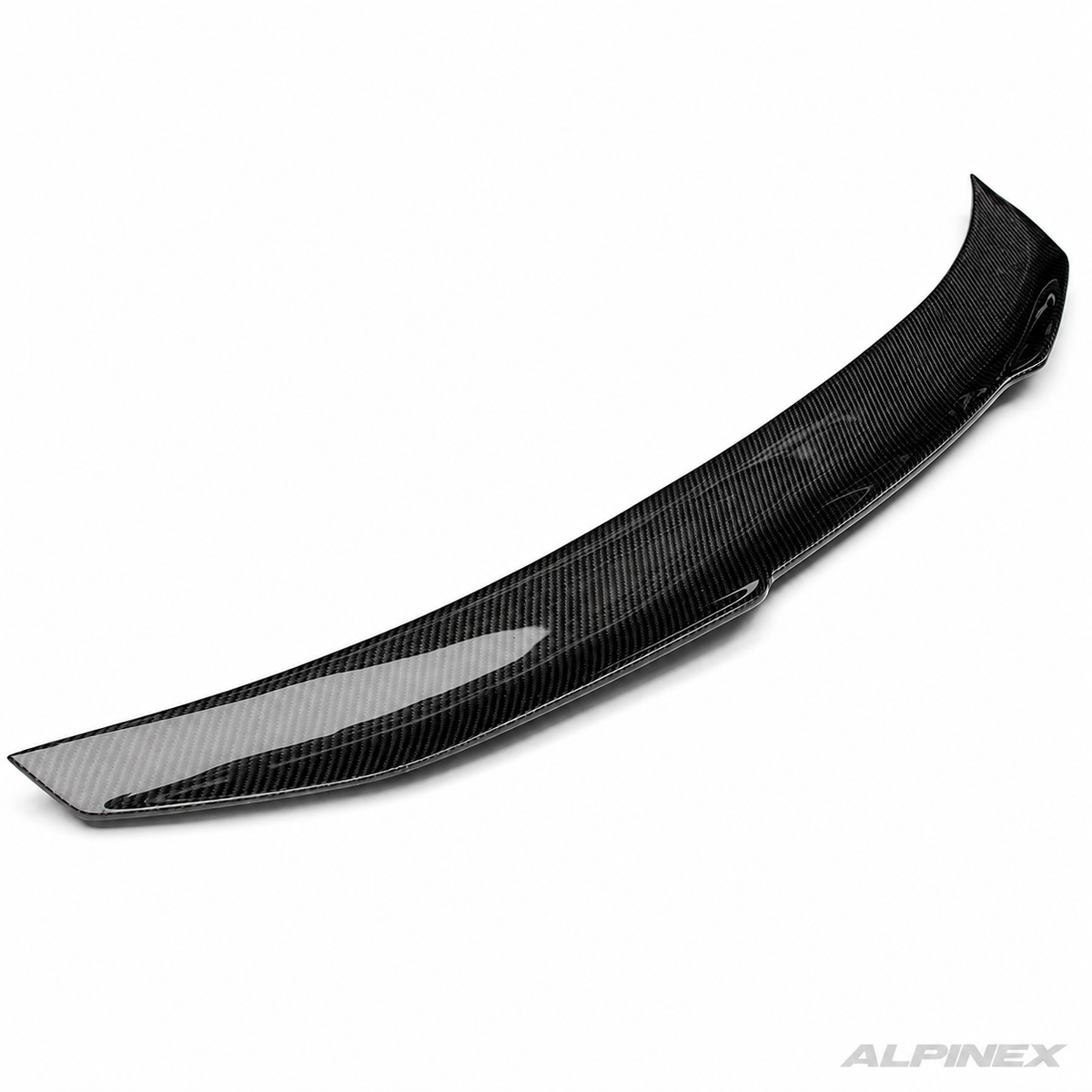 AlpineX Dynamics PSM Style Carbon Fiber Rear Spoiler for BMW E90 M3 featuring a glossy carbon fiber weave finish and aerodynamic OEM+ styling.