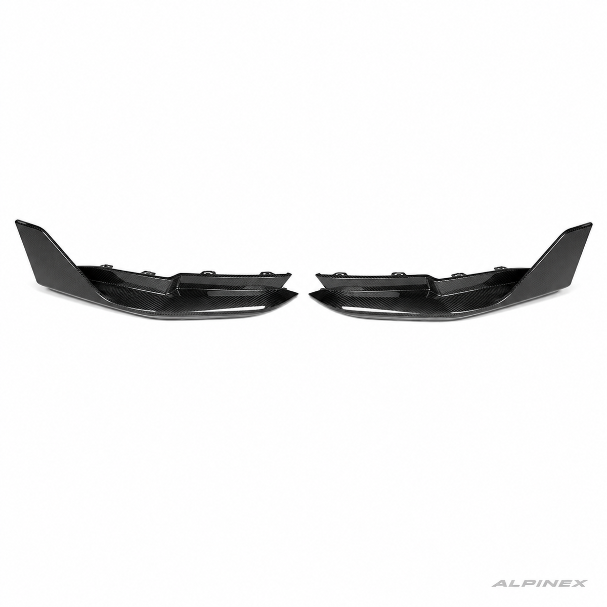 AlpineX Dynamics MP Style Carbon Fiber Rear Spats Winglets for BMW G8X M3 M4 featuring a glossy carbon fiber finish and aerodynamic rear bumper styling.