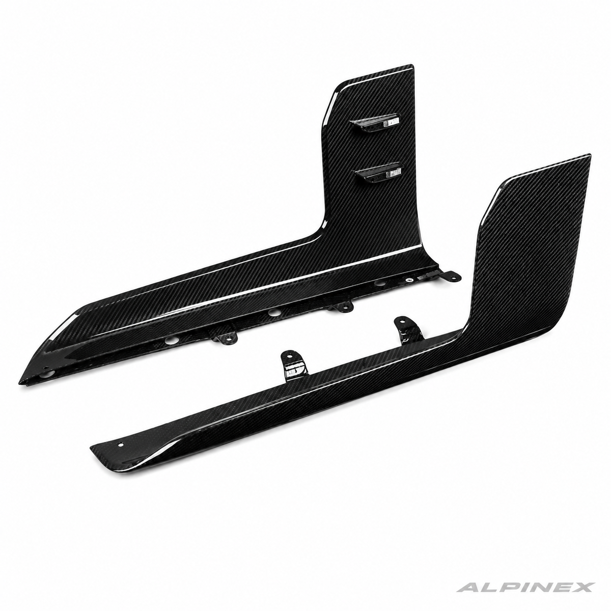 AlpineX Dynamics MP Style Carbon Fiber Side Skirt for BMW G87 M2 featuring a glossy carbon fiber finish and aggressive aerodynamic side styling.