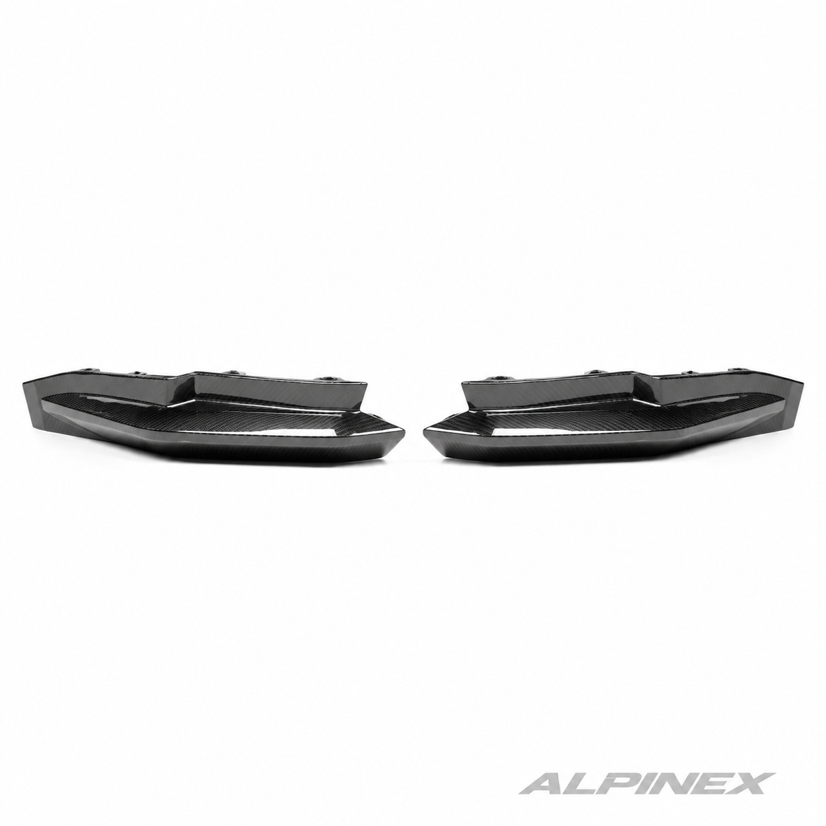 AlpineX Dynamics OEM Style Carbon Fiber Rear Spats Winglets for BMW G8X M3 M4 featuring a glossy carbon fiber finish and sleek OEM-inspired rear aerodynamic styling.
