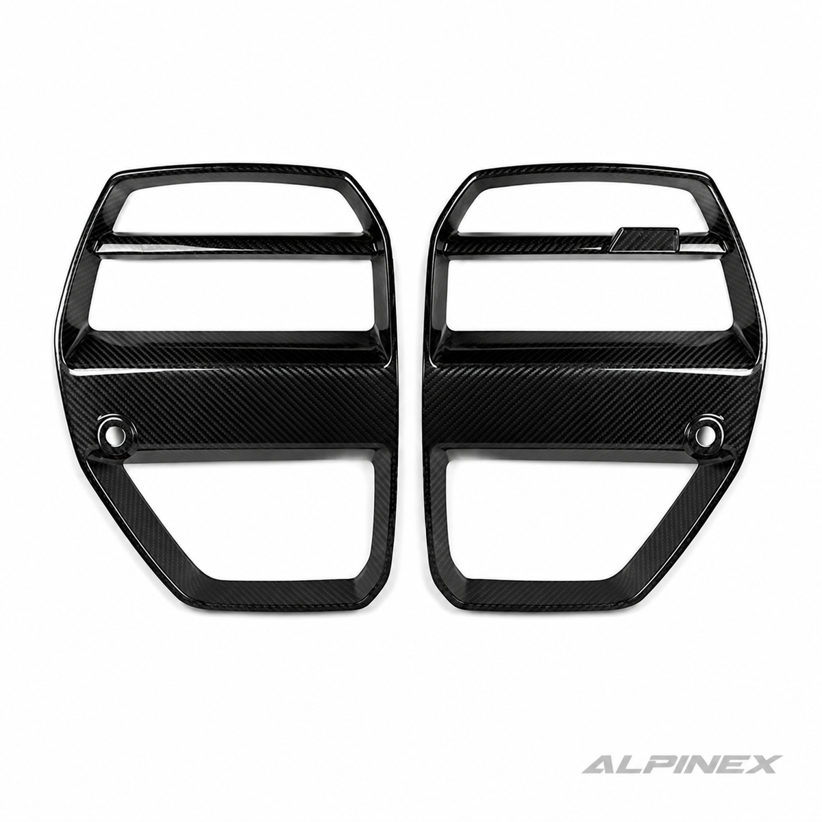 AlpineX Dynamics V Style Carbon Fiber Grille for BMW G8X M3 M4 featuring a glossy carbon fiber finish and aggressive front end styling.